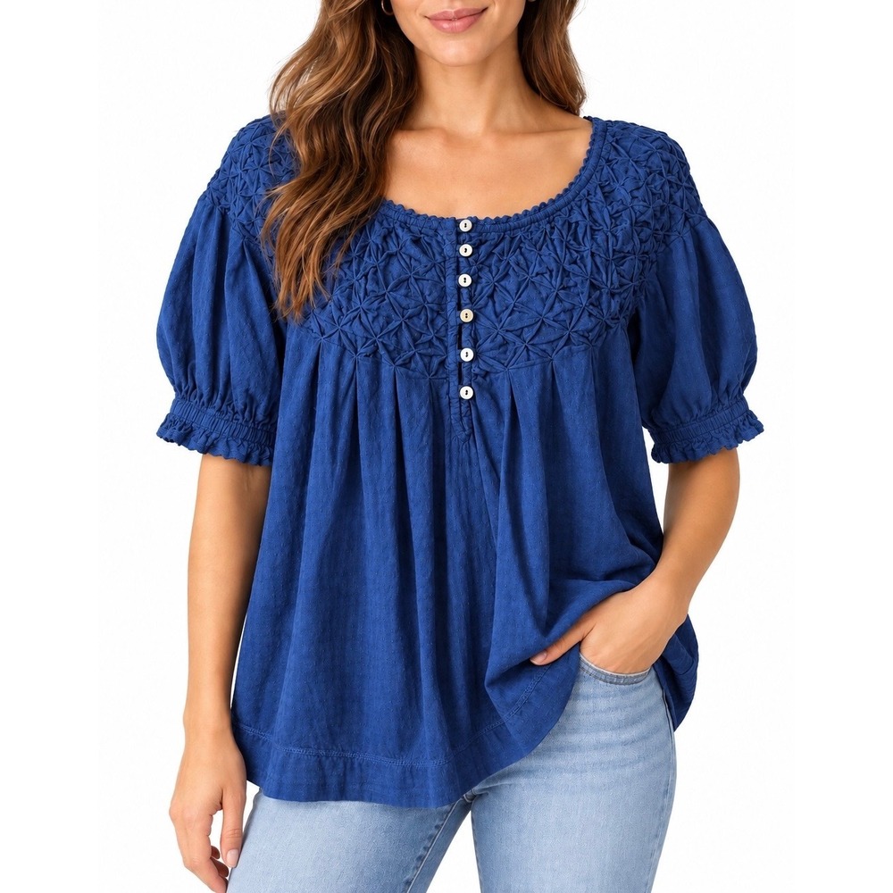 Sundance Top Smocked Cotton Peasant Blouse Puff Short Sleeve Boho Blue XXL